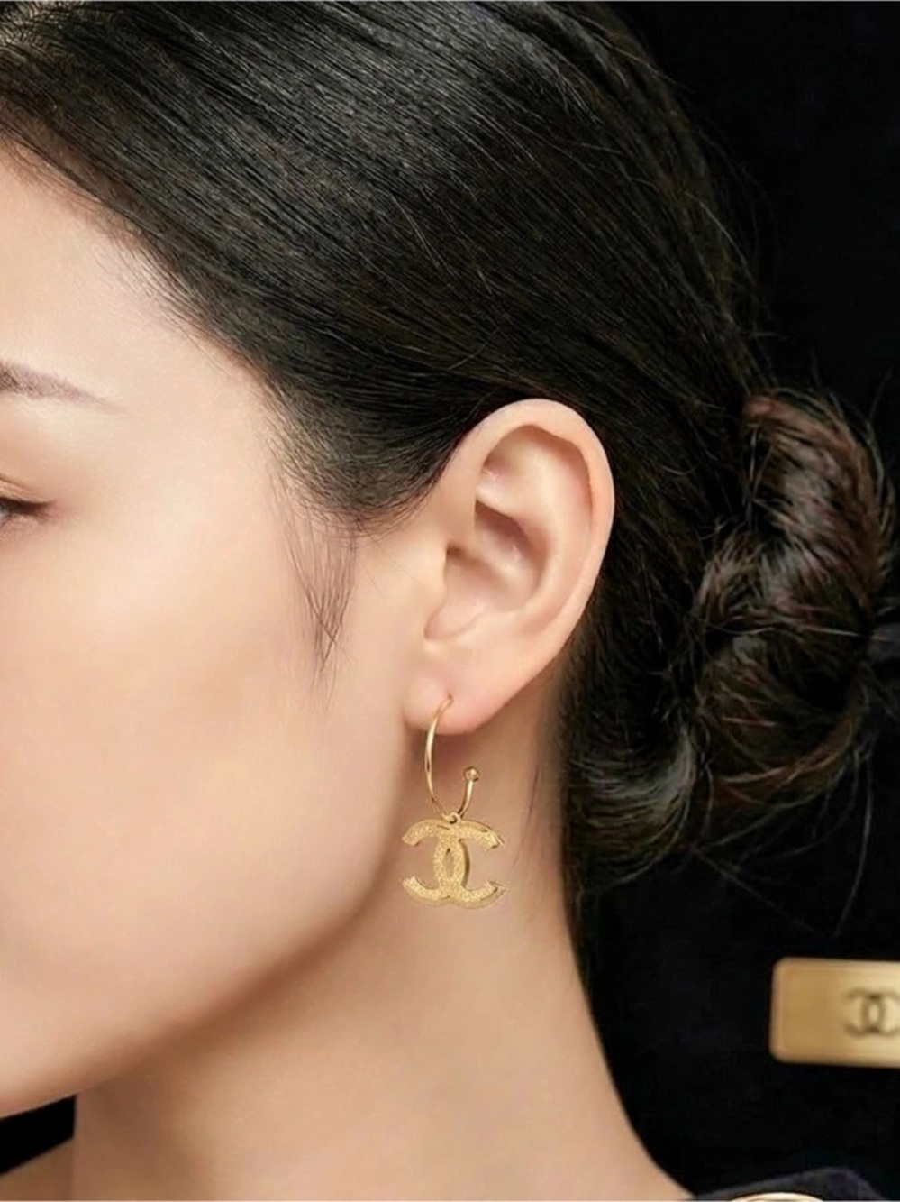 Gold Sparkle on Gold Shine Tone Double-C Hoop Earrings